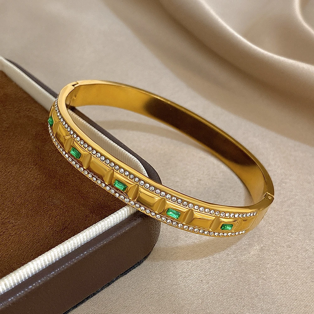 DODOHAO ريترو الأخضر الزركون أساور استانليس ستيل النساء الحد الأدنى الجولة المفتوحة الإسورة سوار مقاوم للماء مجوهرات الزفاف 2026 #2