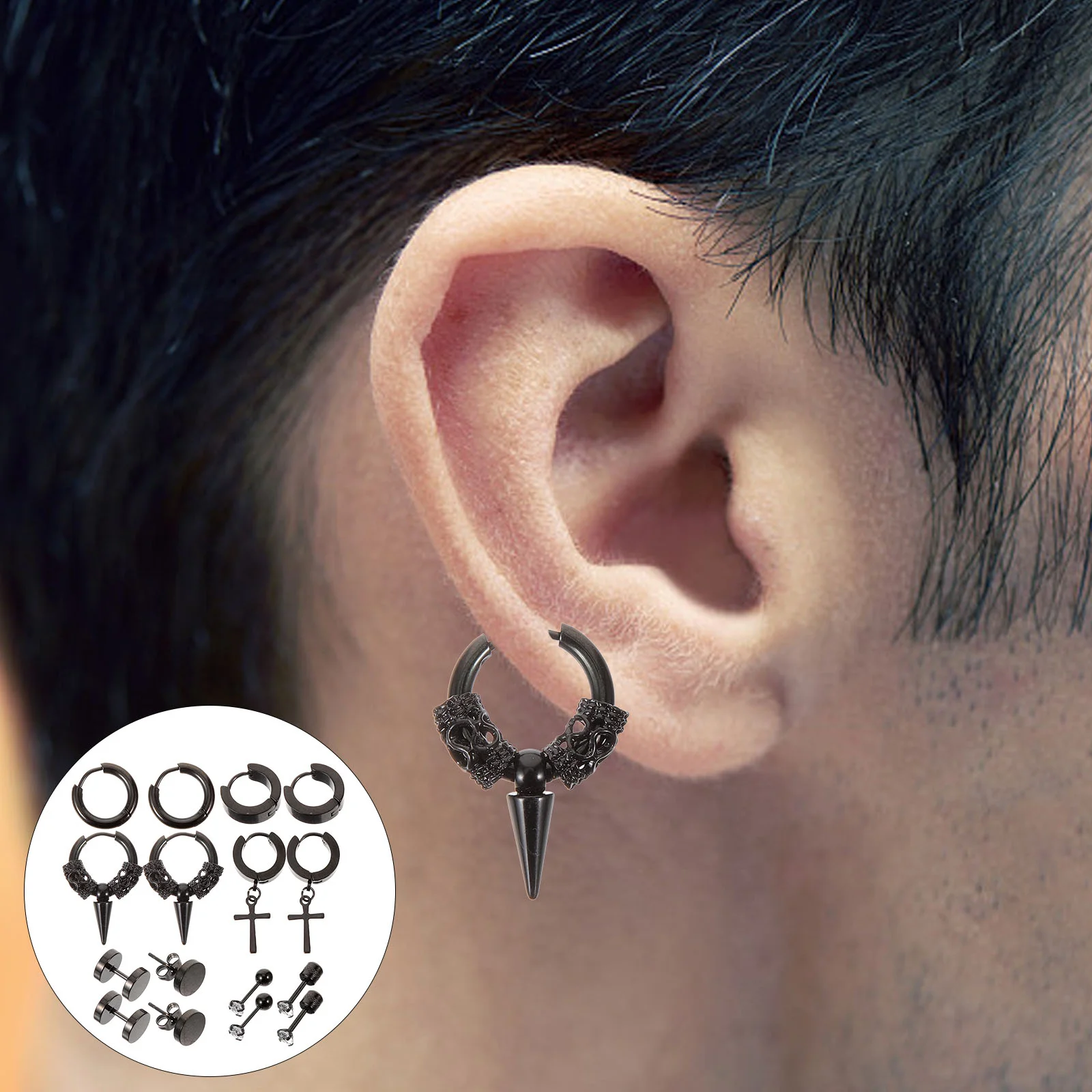 8 Pairs Gold Hoops Men's Stainless Steel Earrings Black 16-in-1 Suits for Small Personality Studs Miss