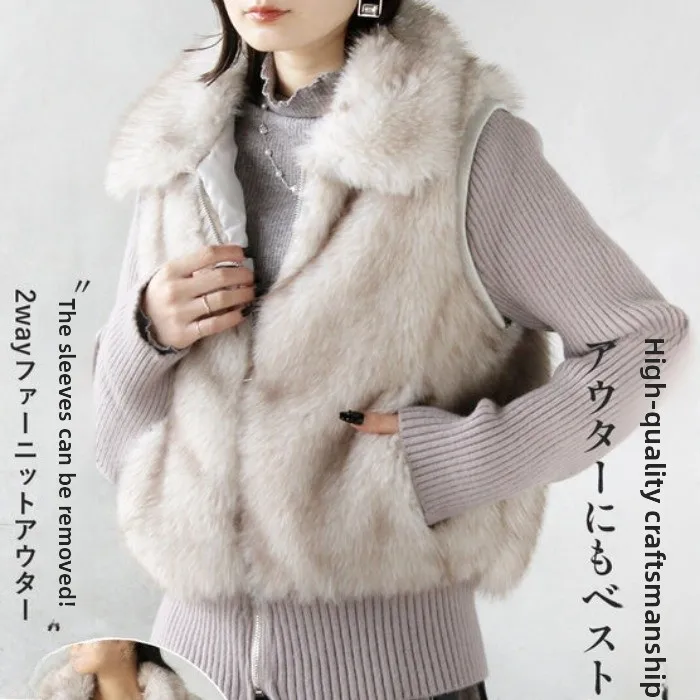 

Warm Knitted Splicing Fur Vest Fake Two-Piece Outerwear Women Busin Casual Sle Polyester Fiber Zipper Closure Coat