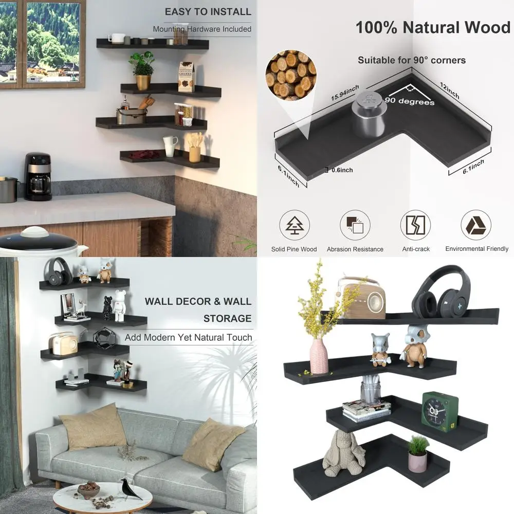 

4-ярусный L-образный стеллаж из соснового дерева в деревенском стиле для хранения и декора на стене в различных комнатах - черный