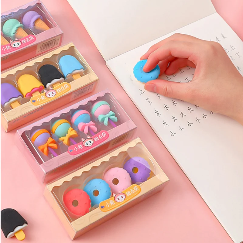 1Set 4Pcs Simulation Dessert Burger Rubber Pencil Eraser Elementary School Students Creative Cartoon Cute Little Erasers Gift