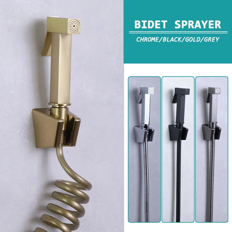 Square Handle Brass Bidet Sprayer Spring/Stainless Steel Hose ABS Bracket Brushed Gold Metal Grey Chrome Black