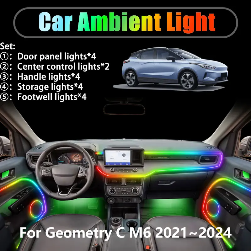 

Для Geometry C M6 2021 ~ 2024 2022 SUV 2/18 в 1 Автомобильное окружающее освещение Светодиодные внутренние светодиодные фонари багажника USB RGB Ensemble Streamer Auto