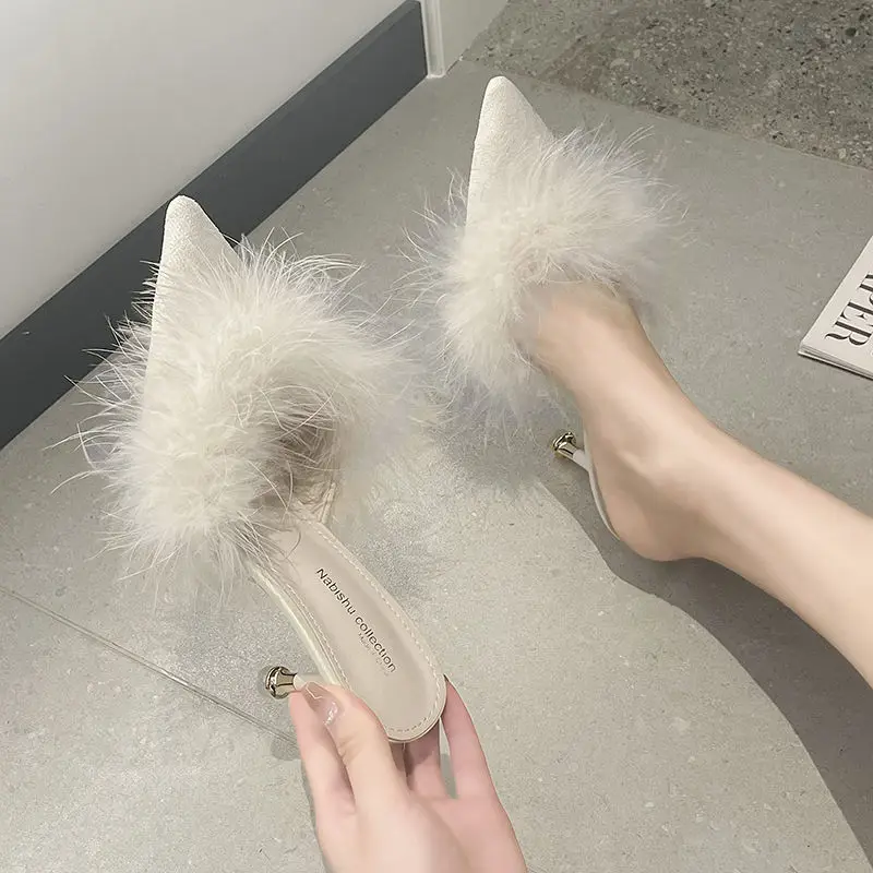 Sandals Rubber Shoes for Women 2024 Heeled Slides Off White Mules Woman Slippers Fluffy Summer Fuzzy Furry Luxury Footwear F Vip