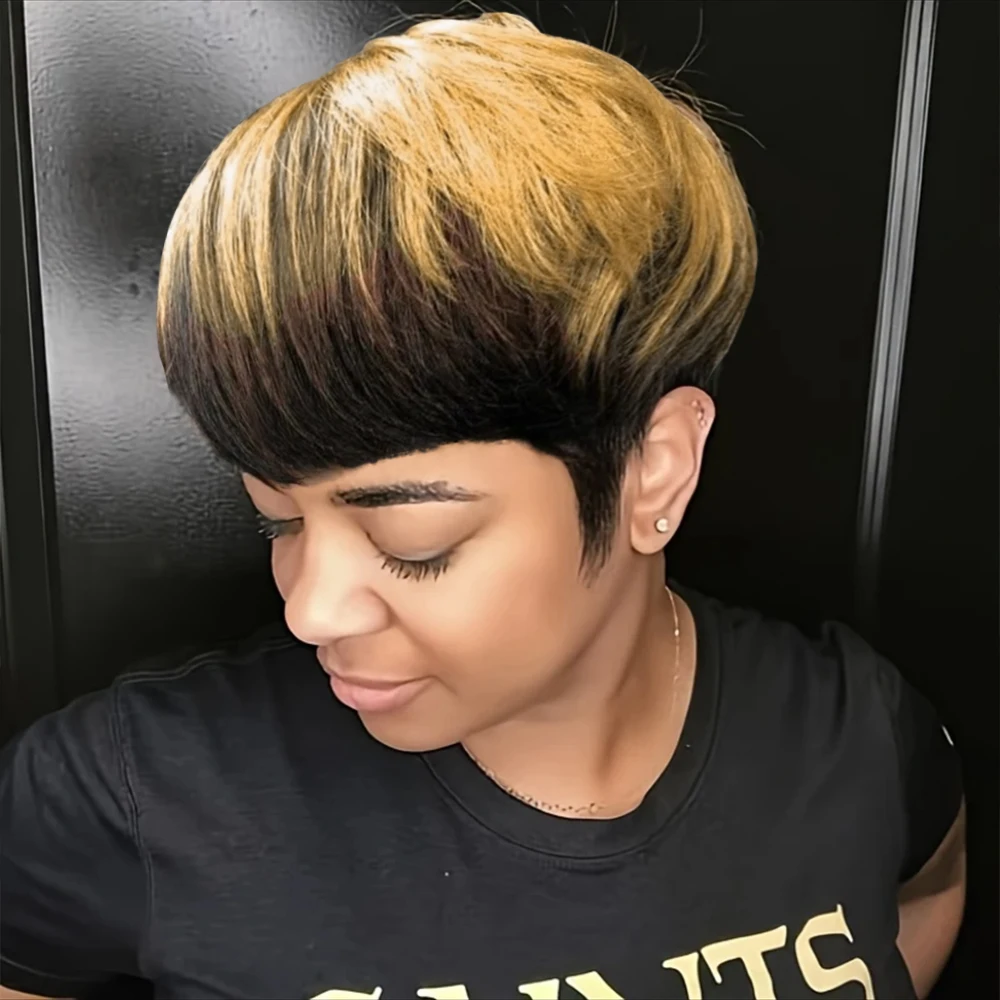 1B/27 트렌드 컬러 짧은 레이어드 픽시 가발(뱅 포함) 브라질 스트레이트 인모 전체 기계 제작 가발