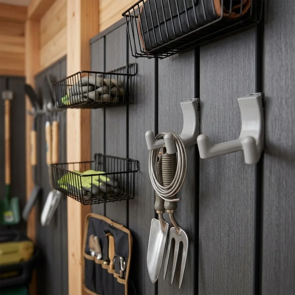 Tool Storage Hooks for Sheds Designed to Keep Items Off Floor While Maintaining Accessibility and Order in Utility Storage Areas