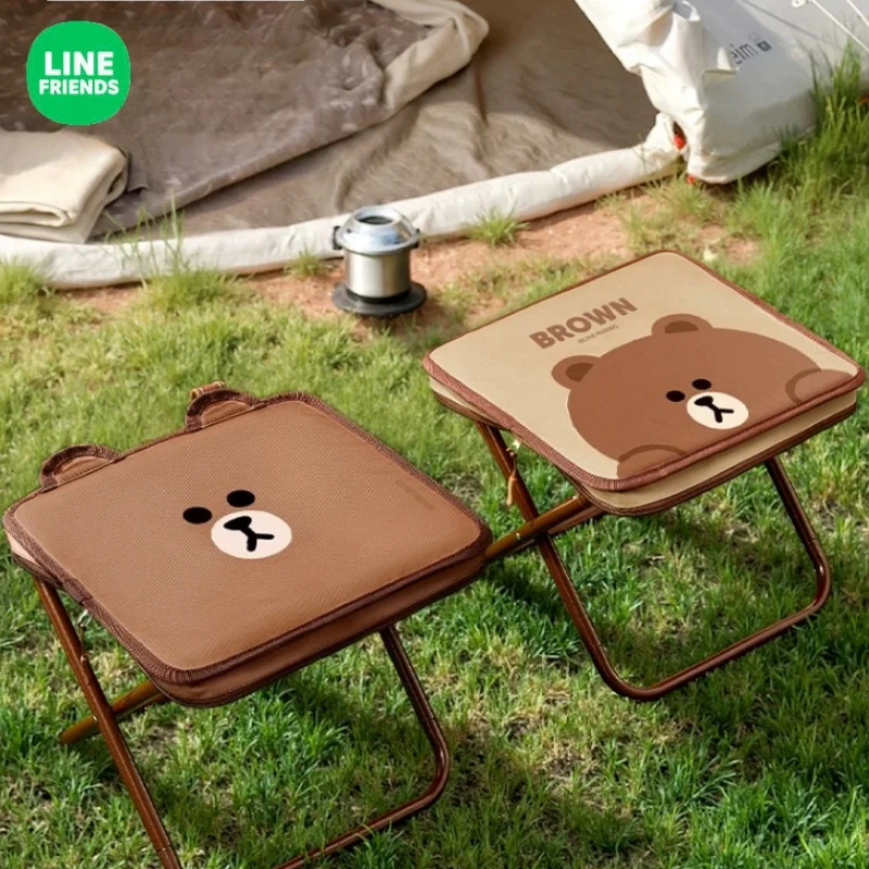 Line Friends Brown Pencil Bag Storage Folding Chair Outdoor Portable Camping Equipment Fishing Picnic Mini Cartoon Queuing Bench