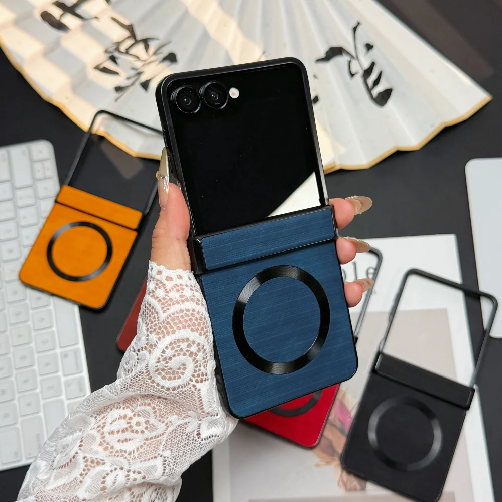 Für Samsung Galaxy Z Flip 7E 7 6 5 4 3 Leder Magnetische Matte Hülle für Magsafe mit Scharnierschutz Stoßfeste Abdeckung Funda