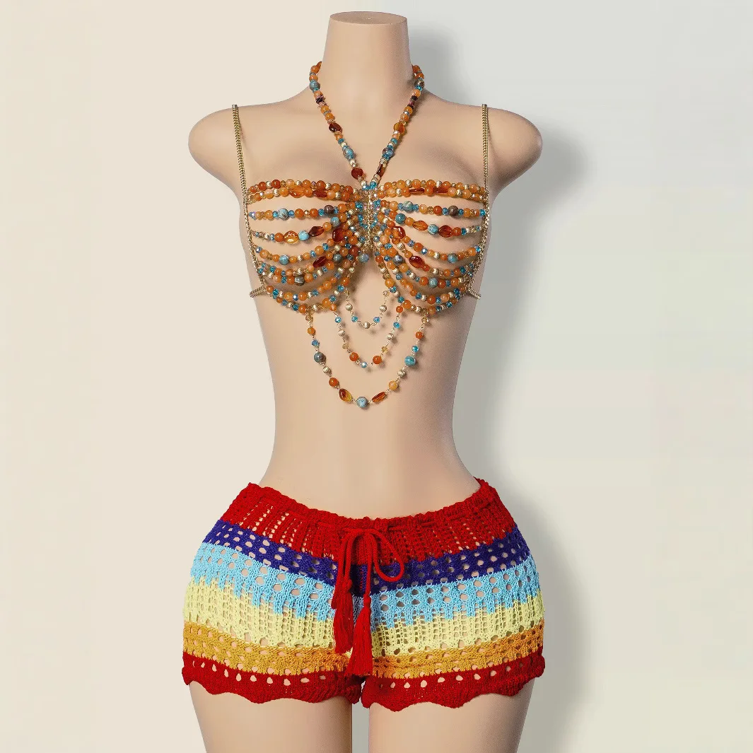 

Handmade Beaded Bra Top Colorful Beads Body Chain Festival Rave Halter Harness Sexy Boho Belly Dance Costume Jewelry for Women