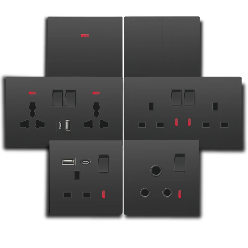 Black UK Standard Wall Socket Switch Panel Type-C 18W Fast Charging 13A Usb 3.1A Wall Socket, Universal Dual 3-pin Power Outlet