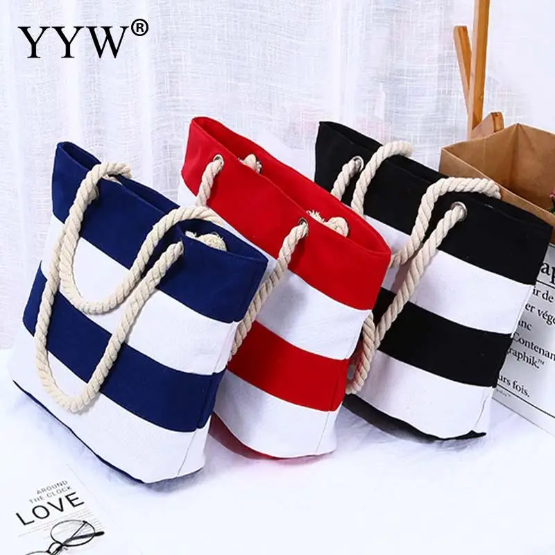 Casual Striped Canvas Women Tote Bag Large Capacity Thick Rope Handles Summer Beach Soft Handbag Single Shoulder Storage Pack
