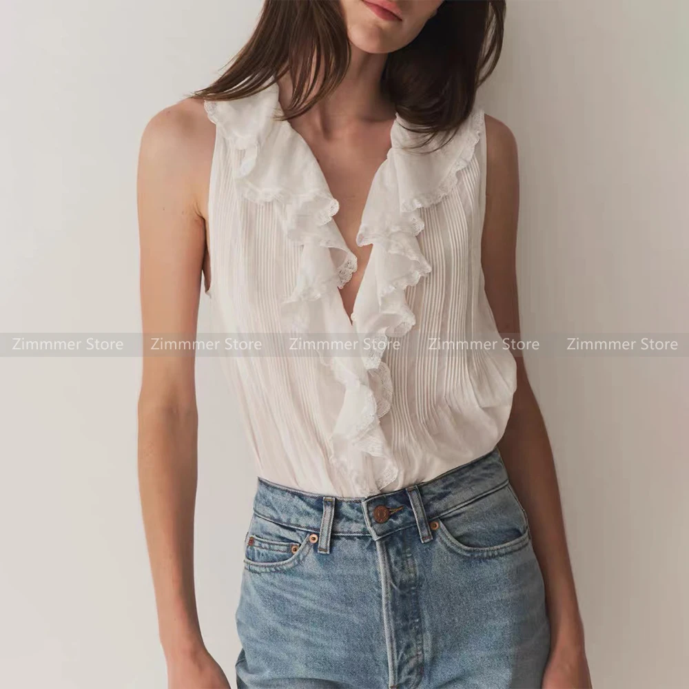 

French niche ruffled lapel loose versatile sleeveless vest tops women 24 summer new