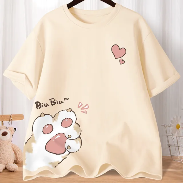 Summer Cartoon Cute Sweet Cat Claw Love Printed Short Sleeve T-shirt Damska luźna młodzieżowa koszulka studencka z półrękawkiem Oversized Shirt Top