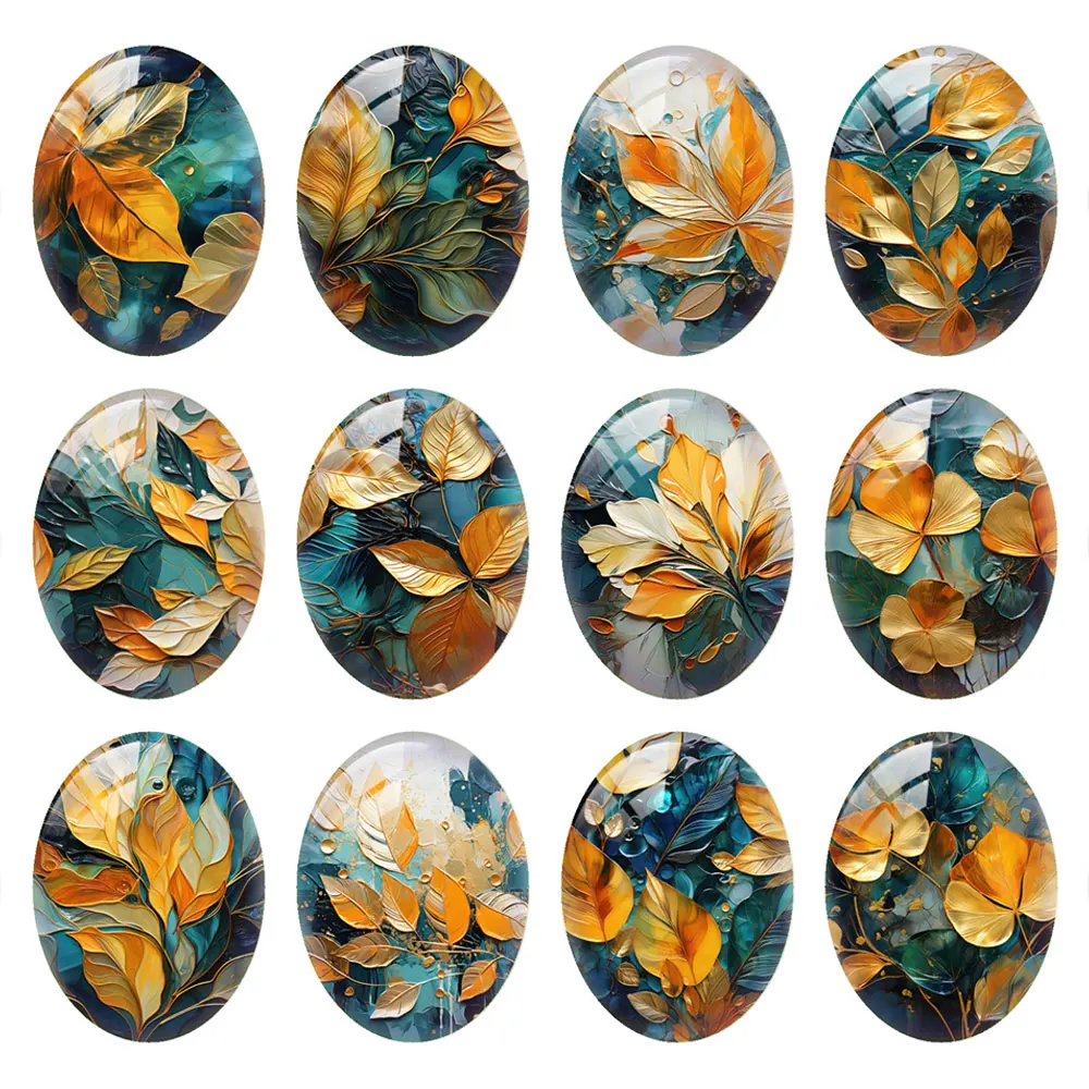 

10pcs/lot Oval Photo Glass Cabochon Oil Painting Leaf Flatback Charms Demo Flat Back Cameo For Diy Jewelry Findings Accessories