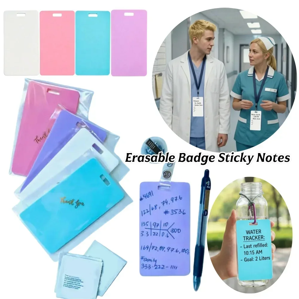New Erasable Badge Sticky Notes Reusable Silicone Badge Buddy Ballpoint Pen Write & Wipeable Notepad for Nurses Doctors