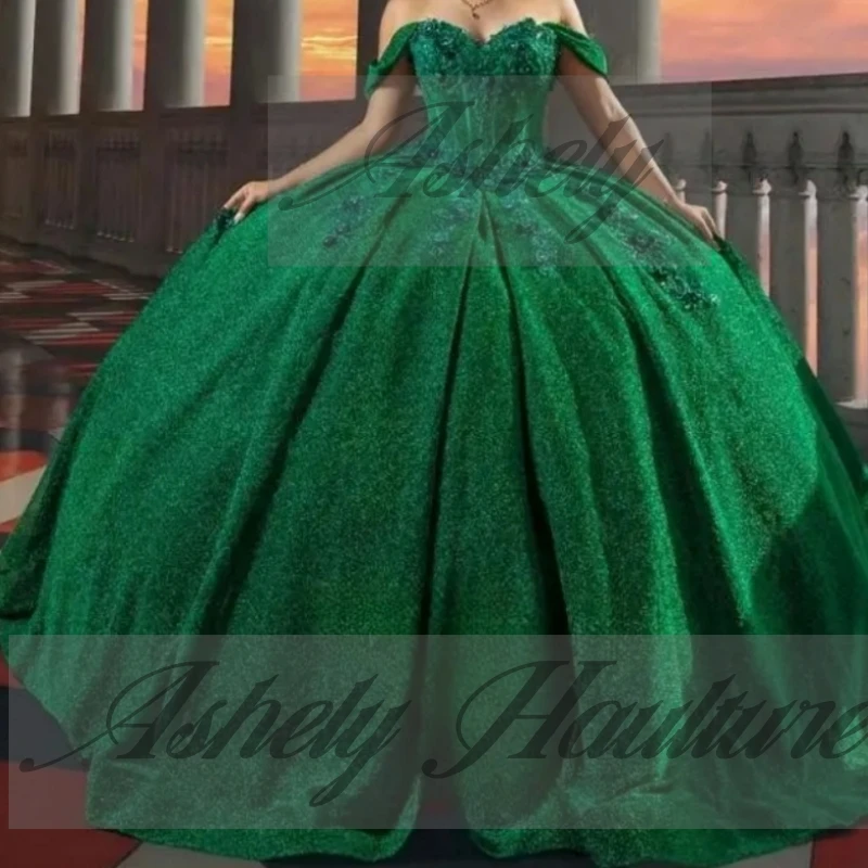 Elegante Abito Verde da Cerimonia per Donna, Vestito da Ballo con Spalle Scoperte e Applicazioni in Pizzo, Abito da Quinceañera Personalizzato per Ragazze di 15-16 Anni