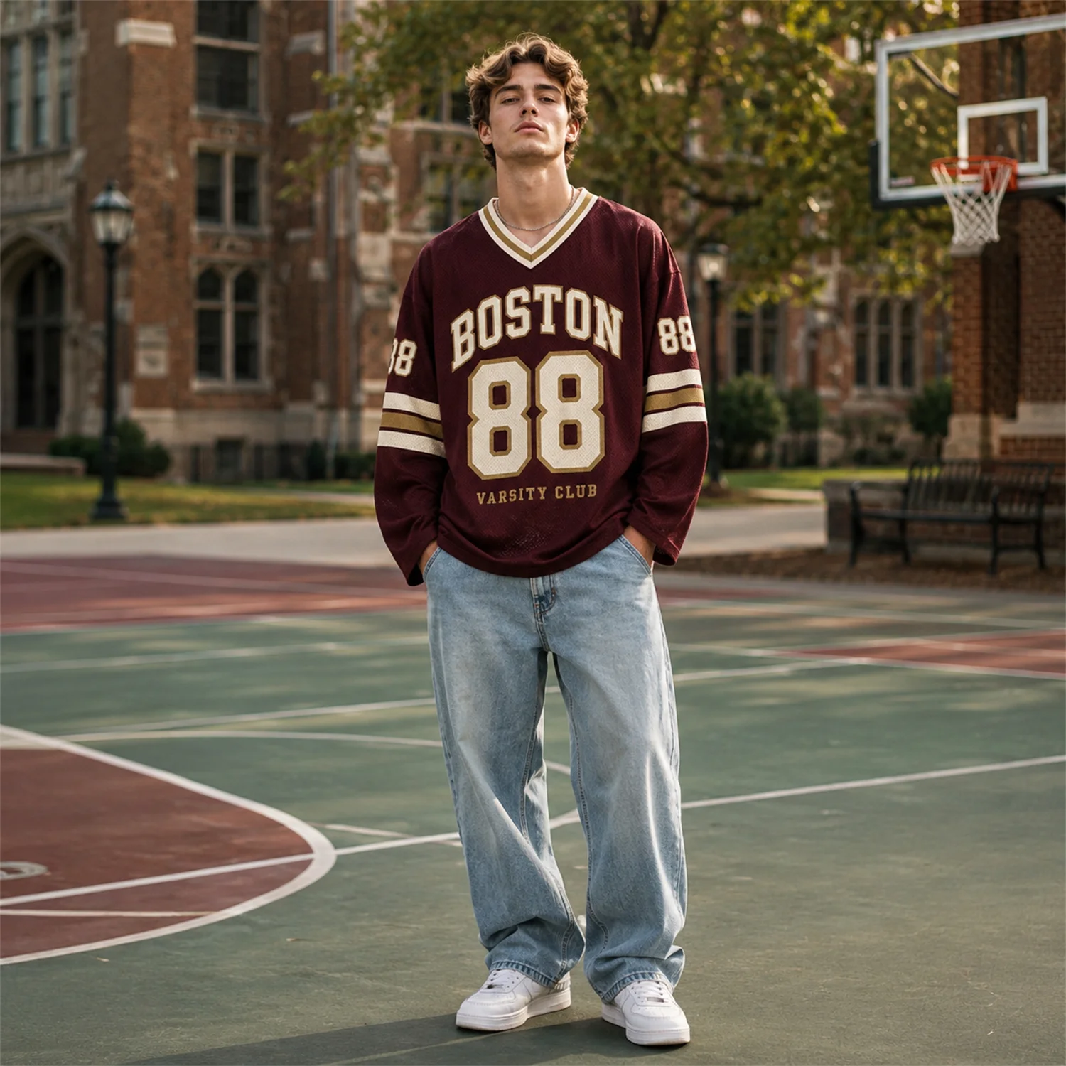Men Boston 88 Long Sleeve Jersey V Neck Mesh Shirt Vintage Varsity Football Y2K Streetwear Sportswear Top