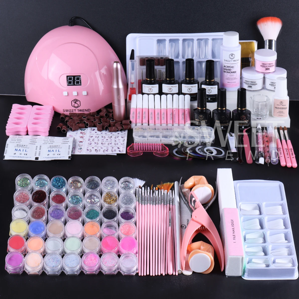젤 네일 폴리쉬 연장 키트 (UV 램프, 전동 네일 드릴, 아크릴 파우더, 베이스&탑 코트 젤, 쏙 오프 매니큐어 도구 세트 포함)