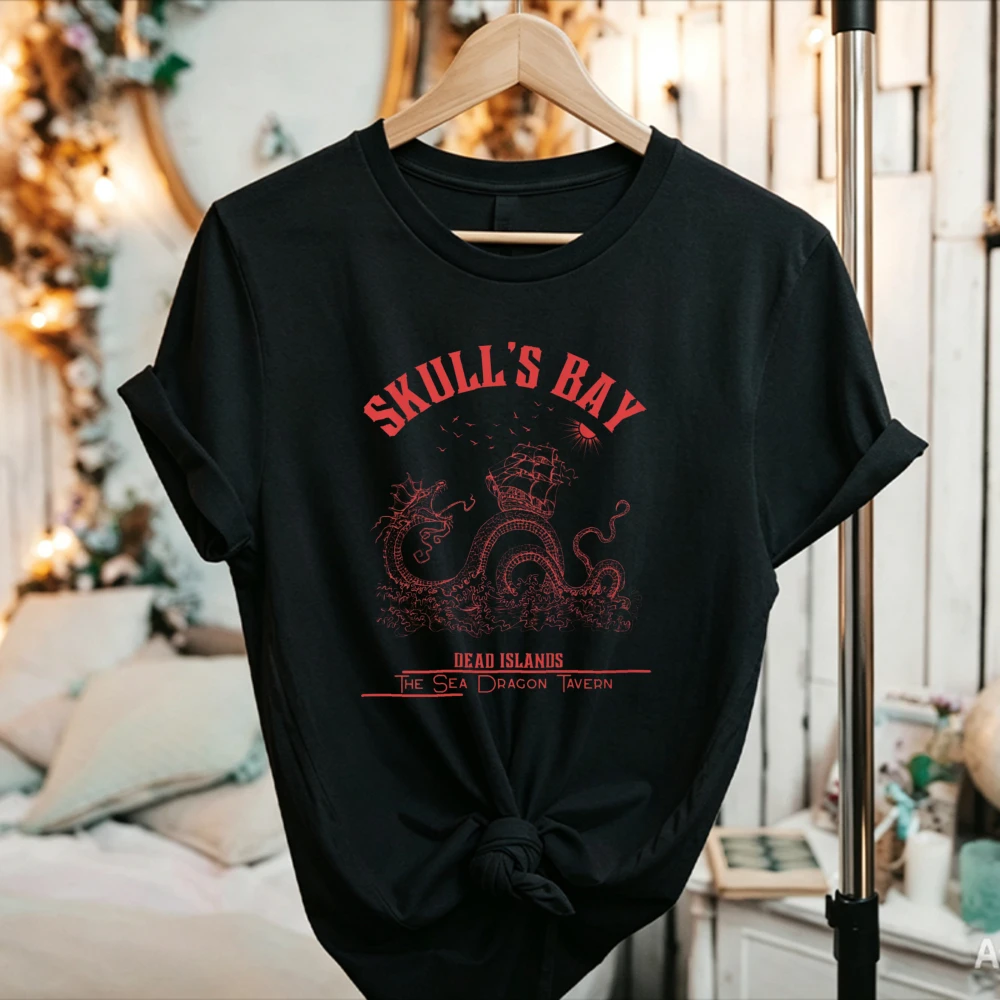 Women Skull's Bay Sea Dragon Graphic T Shirt Vintage Ocean Monster Print Short Sleeve Cotton Retro Fantasy Creature Casual Tops