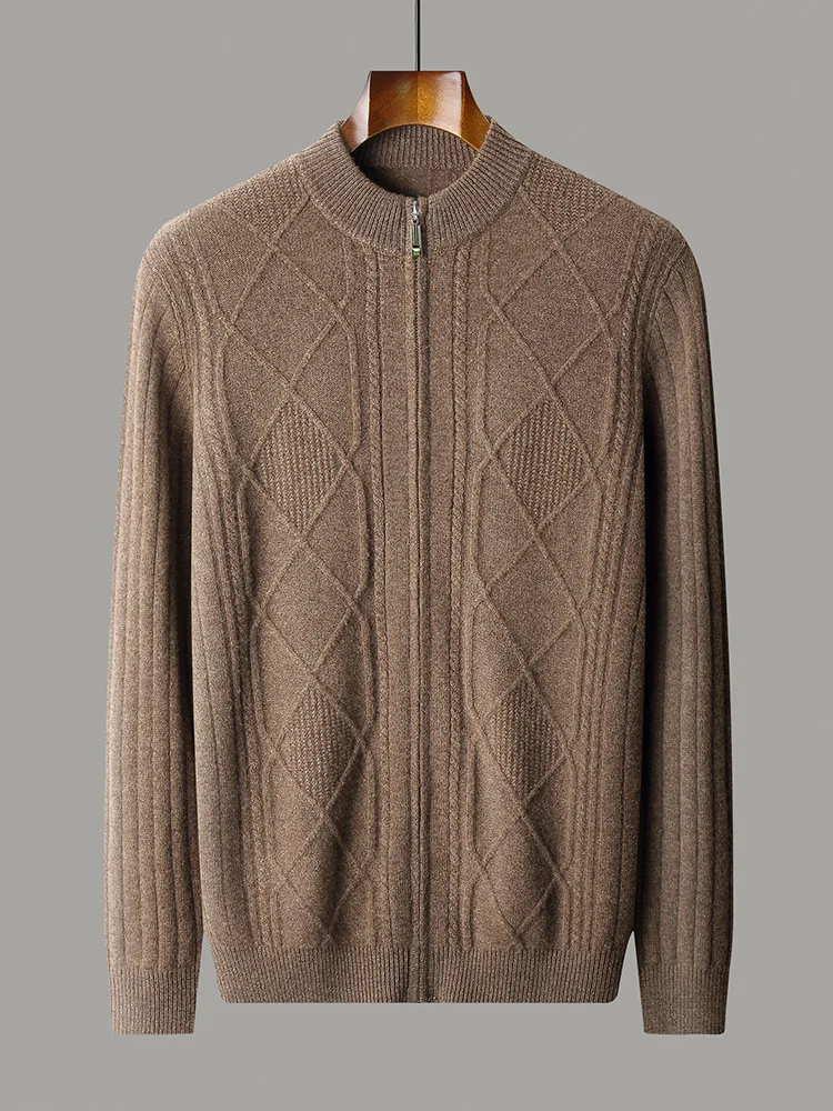 Merino 100% Wool Men's Thick Warm Autumn Winter New High-end Fashion Casual Zipper Knitted Sweater Cardigan