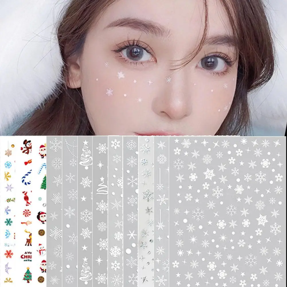 Pegatina de copo de nieve de cara de Navidad 5D, copo de nieve blanco, tatuaje redondo, pegatinas de sombra de ojos para Festival, maquillaje corporal de uñas, joya ostentosa DIY