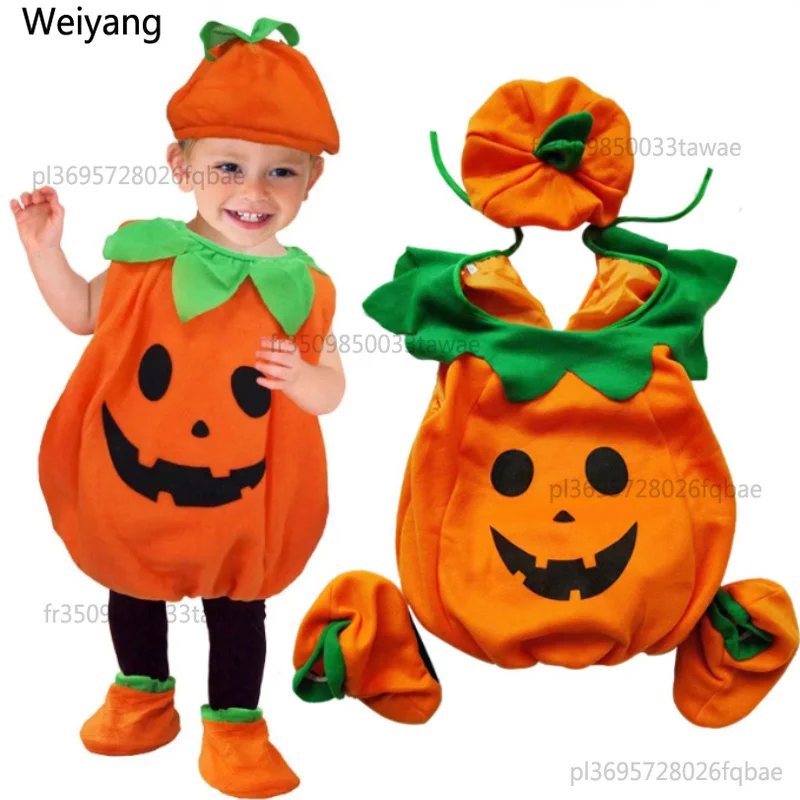 Combinaison de costume de citrouille, adorable déguisement d'Halloween pour cosplay, fête et spectacle, avec sac à bonbons.