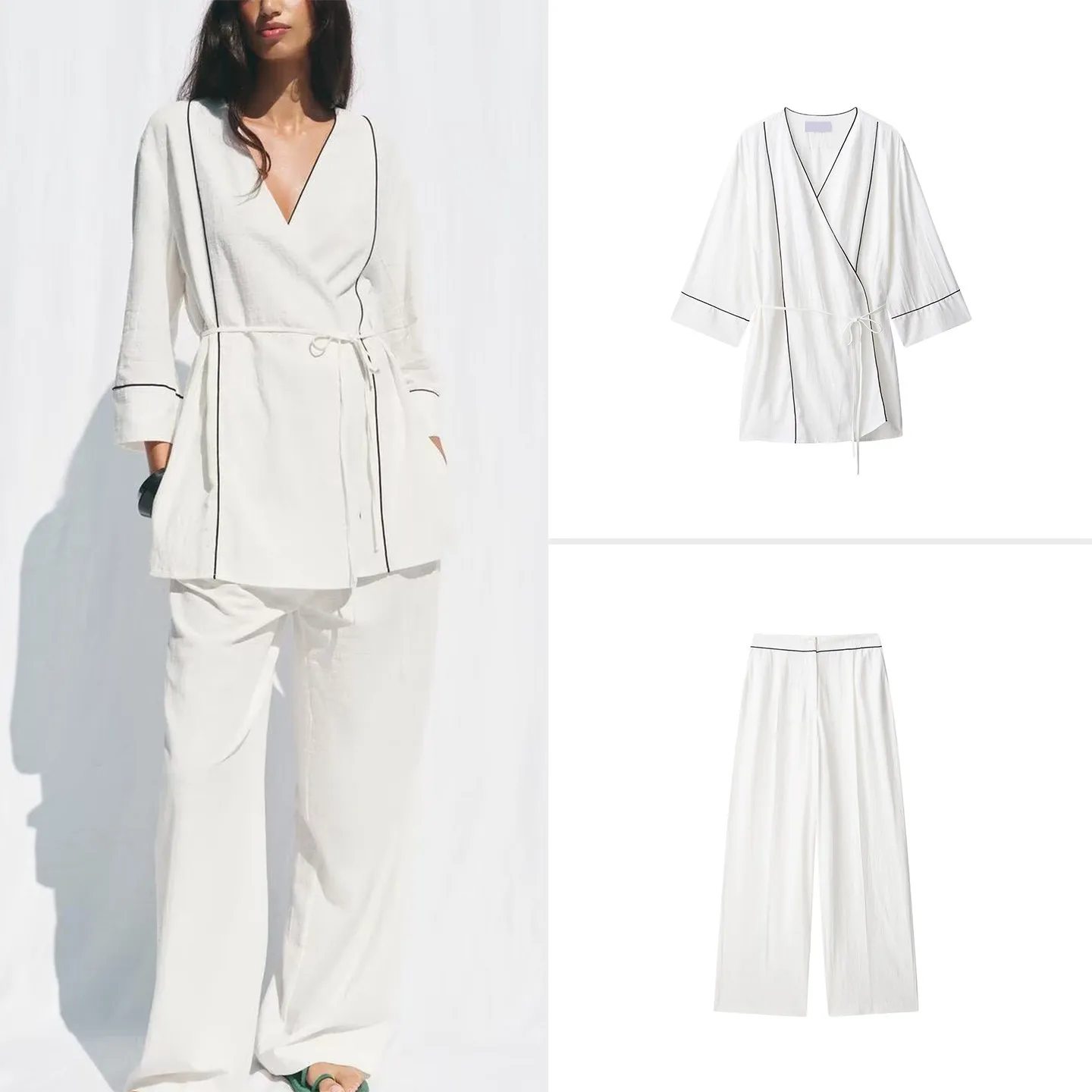 Fashionable Double-Breasted Wide-Leg Pants Set Women's Autumn Collection ZADATA Brand Personalized Rolling Sleeve Coats