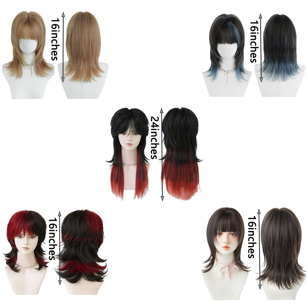 High-Quality Blue Mullet Synthetic Hair With Bangs, Suitable For Women'S Daily Party Anime Role-Playing Lolita Wolf Tail Wig