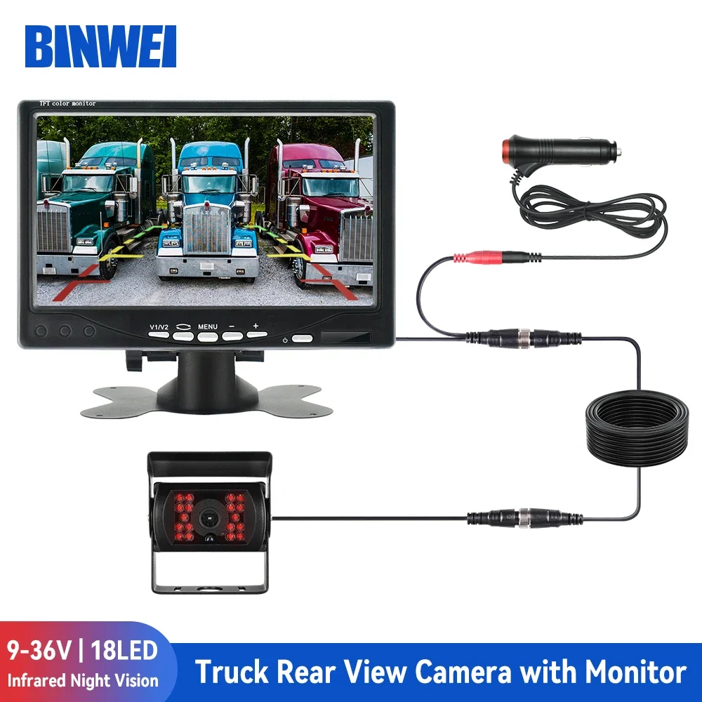 7-calowy Monitor ciężarówki BINWEI z kamerą cofania do parkowania pojazdów 9-36V cofania samochodu ekran aparatu 1024*600 uniwersalny wyświetlacz