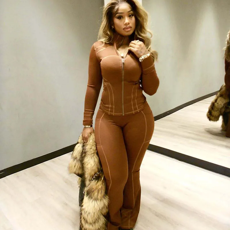 Striped Casual Tracksuit Woman 2 Piece Outfit Set Sporty Workout Long Sleeve Zipper Jacket Top and Sweatpants Jogging Femme
