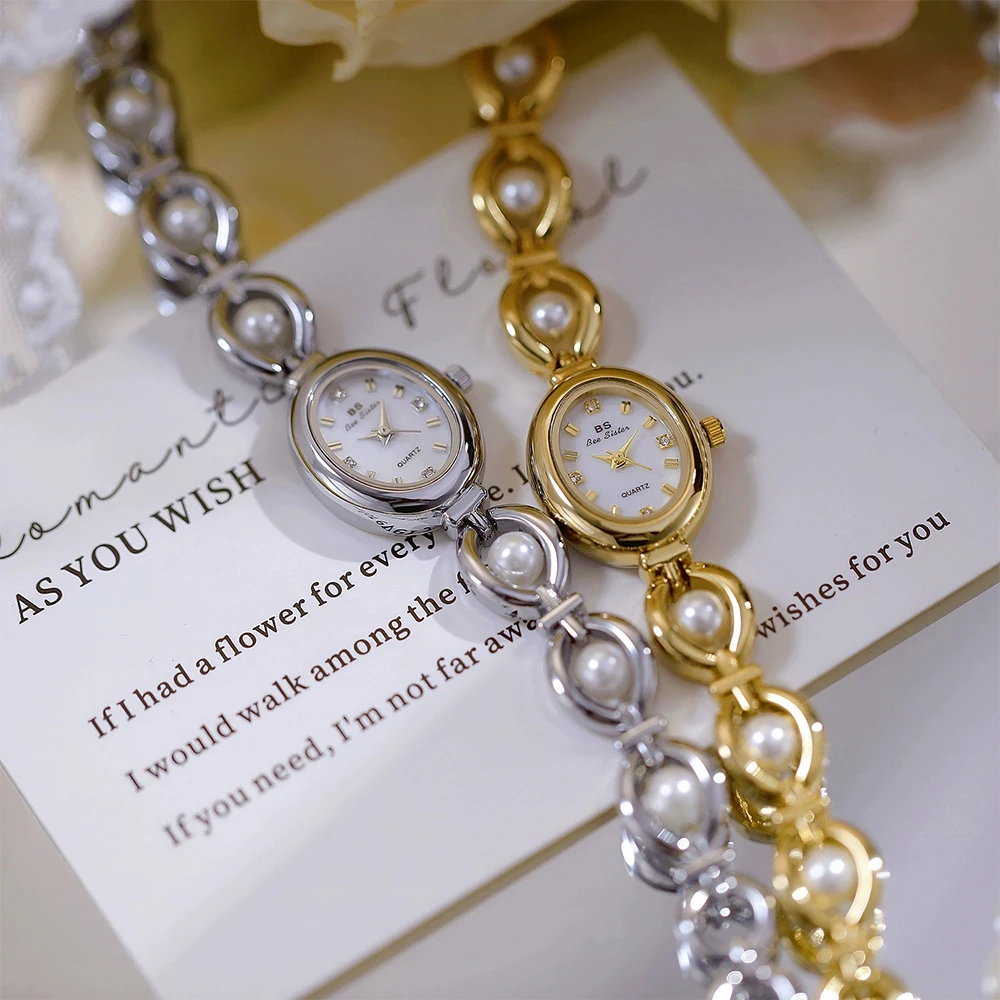 BS Bee Sister Luxury Vintage Temperament Ladies Watches Quartz Elegant Woman Wristwatch Pearl Small Chain Women's Watch