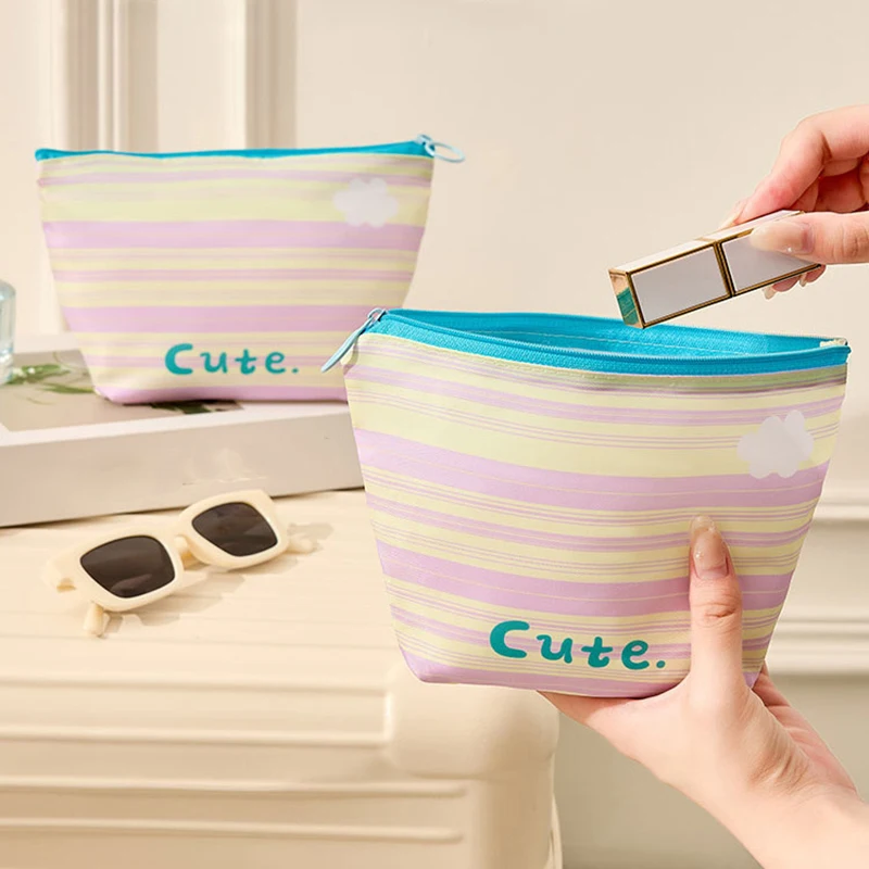 Stripe Makeup Bag for Women Travel Cosmetic Organizer Large Capacity Toiletry Bag with Zipper Pouch for Sanitary Pads Toiletries