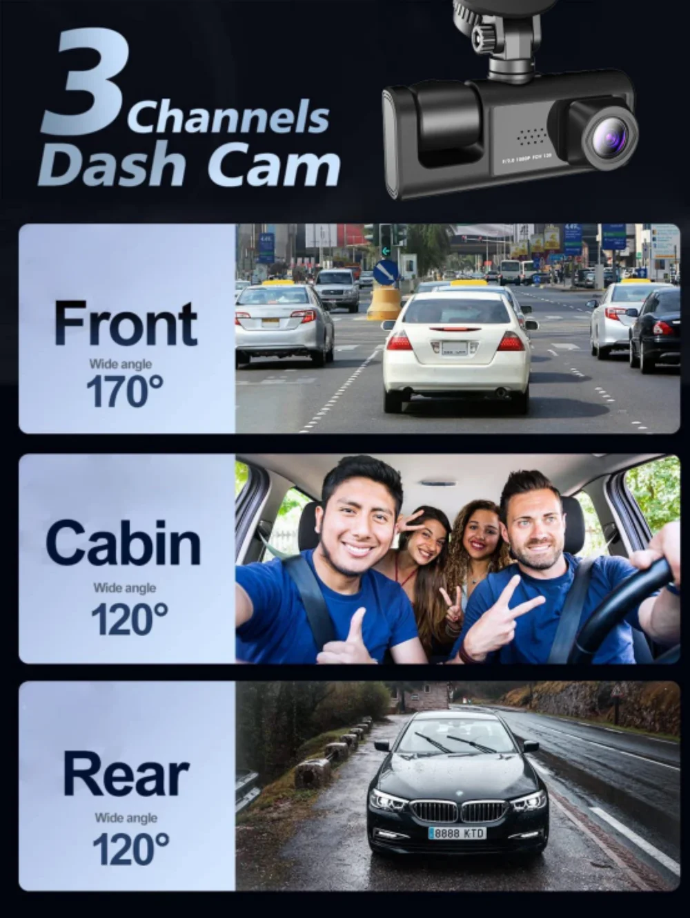 Fahrzeug-Recorder Auto-Dashcam WiFi Dreifach-Objektiv 3-Kanal Vorder- und Rückansicht Nachtsicht Schleifenaufnahme Auto-DVR-Kamera G-Sensor – Detail 2
