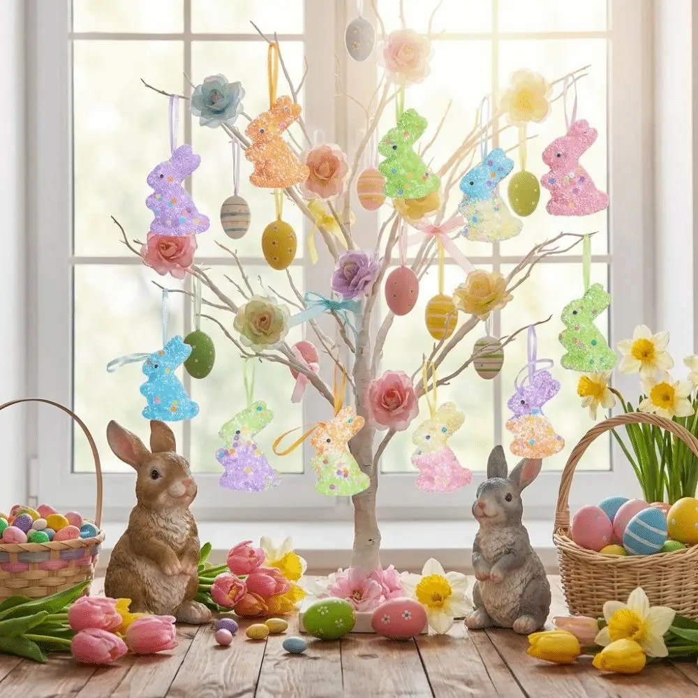 6Pcs Colorful Foam Easter Rabbit Painted Animal Mold Sequin Bunny Ornament Sparkle Hanging Easter Bunny Decor Outdoor Wreath - view 5