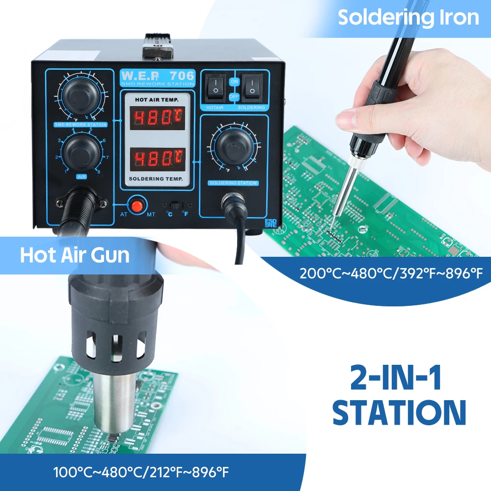 WEP 2-IN-1 Soldering Station Digital Solder Iron Kit Hor Air Rework Station Desoldering Gun Wire Clamp Bracket For SMD PCB Tool