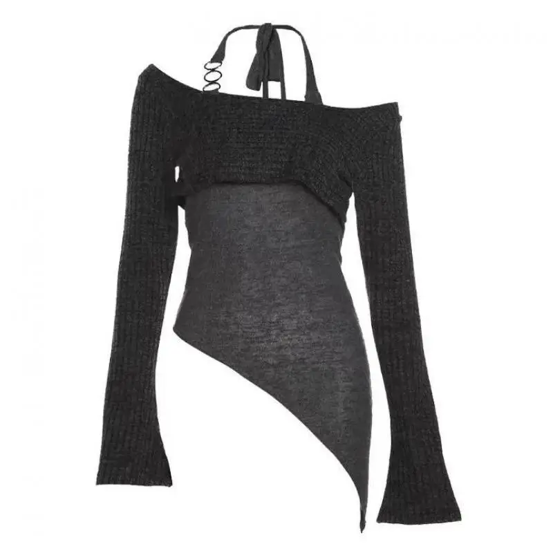 Yedinas Vintage Two Piece Tops Women\'s T-shirt Halter Tops Autumn Long Sleeve Korean Fashion 2000s Clothes Y2k Tees Female Chic