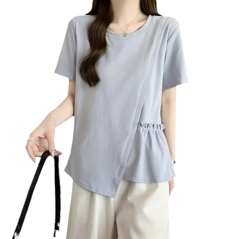 Übergröße Damen Unregelmäßig Plissiertes Kurzarm-T-Shirt Sommer Lässige Lockere Slim-Fit Rundhals-Bluse