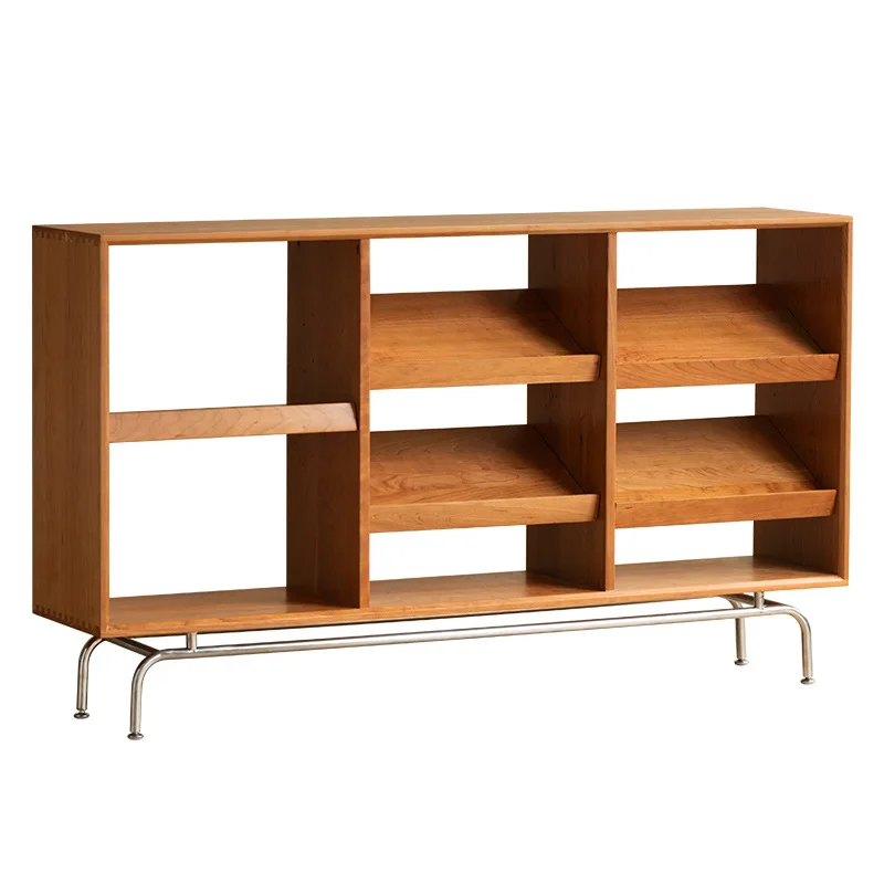 Nordic solid wood bookcase household living room stainless steel wall storage lattice side cabinet small apartment simple storag