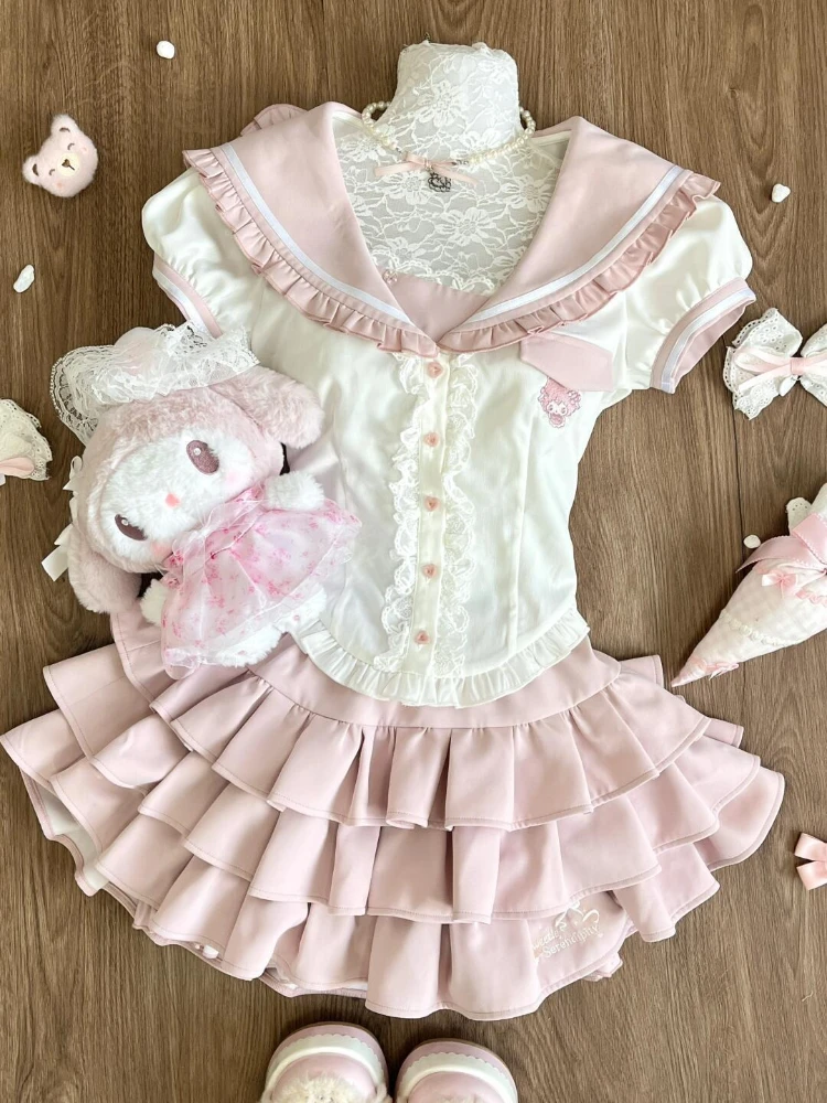 

Harajuku Sweet Preppy Style Cute 2 Piece Set Women Ruffled Lace Short-sleeved Shirt Mini Slim Cake Skirt New Fashion Kawaii Suit