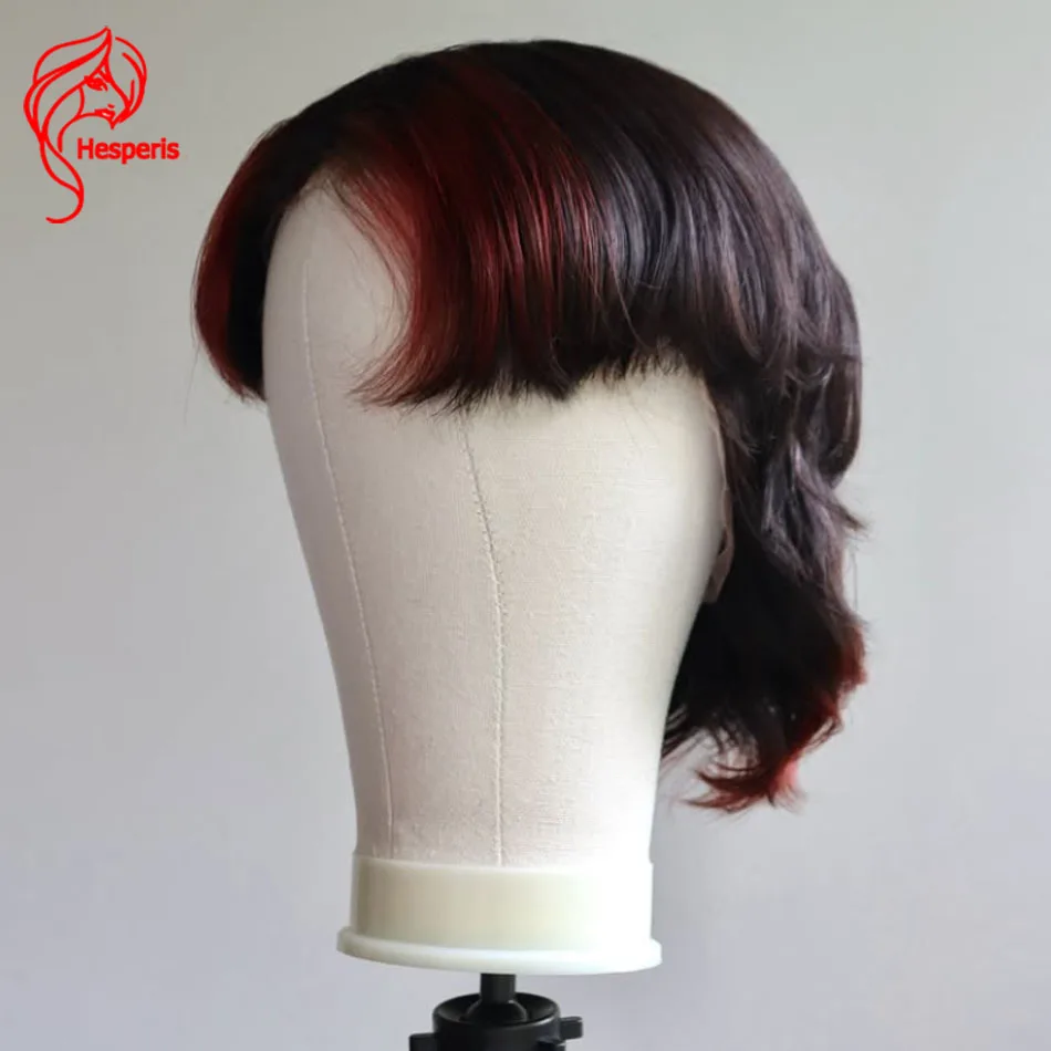 Hesperis Men's Short Pixie Cut Mullet Wig with Red Highlights Brazilian Remy Full Lace Human Hair Shaved Side for Male Styling