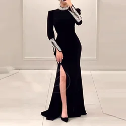 Elegant Solid High Slit Party Dress Temperament Long Sleeve Slim Evening Gala Dress Turtleneck Rhinestone Banquet Dress Women