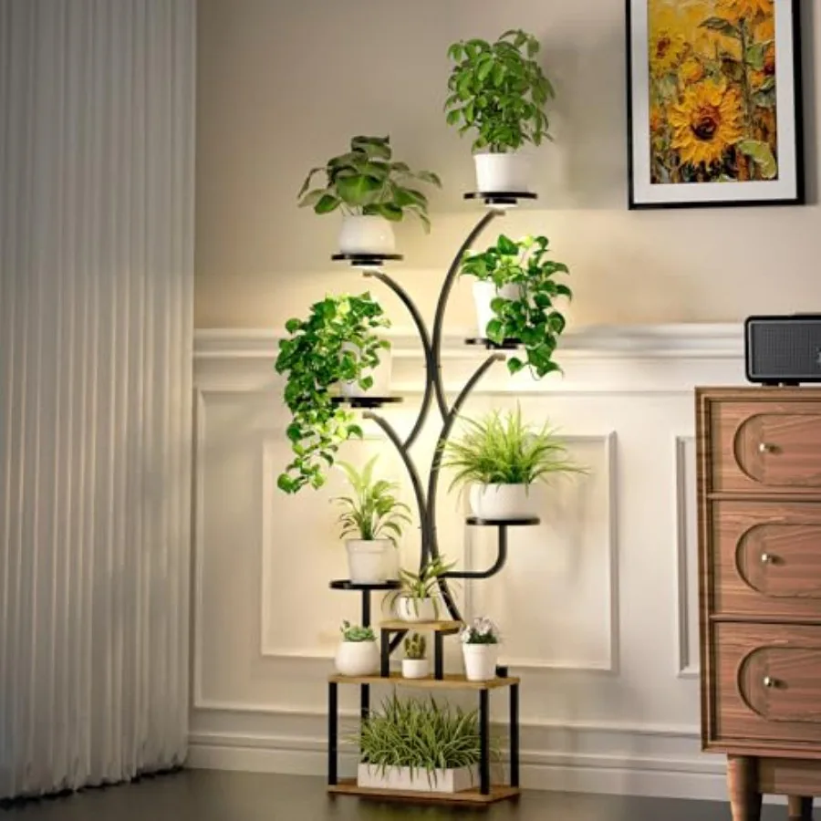 

Indoor plant stand for home gardening decor: 70 tall, 9-tier curved metal display shelf with grow lights, aesthetic black finis