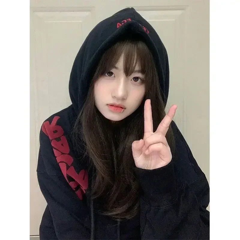 Black Oversized Hoodies Women Streetwear Vintage Letter Print Hooded Sweatshirts American Retro Hip Hop Casual Pullover Y2k