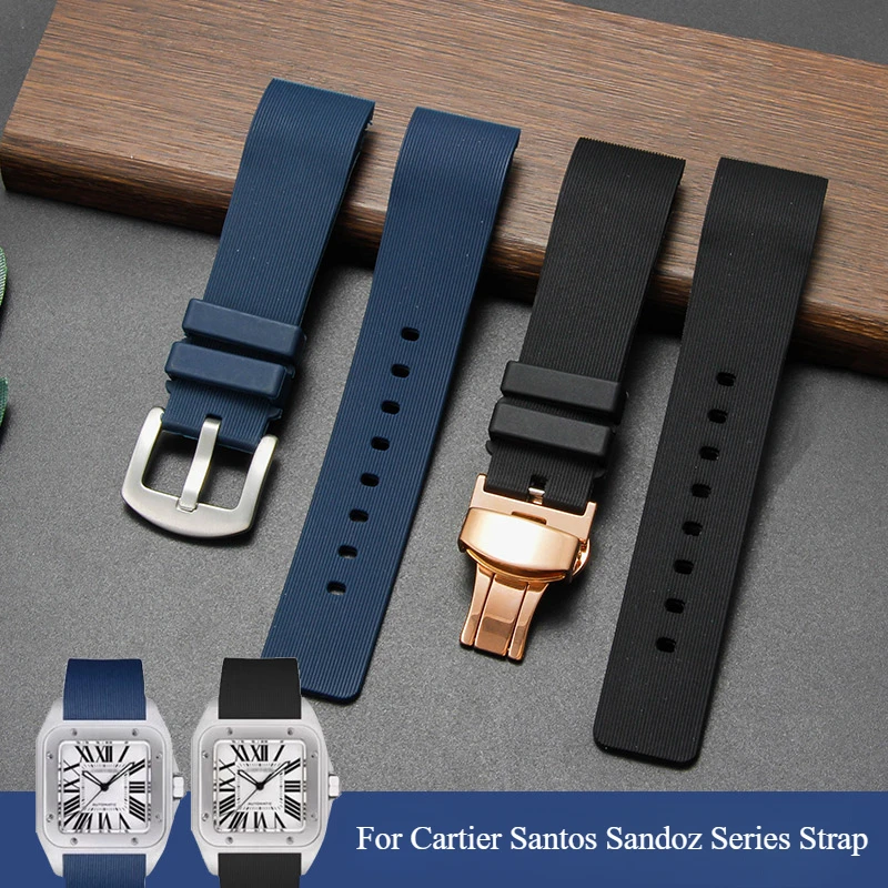الرياضة في الهواء الطلق مقاوم للماء Sweatpoof تنفس واجهة مسطحة سيليكون حزام الساعات لكارتييه سانتوس ساندوز الصلب مشبك حزام