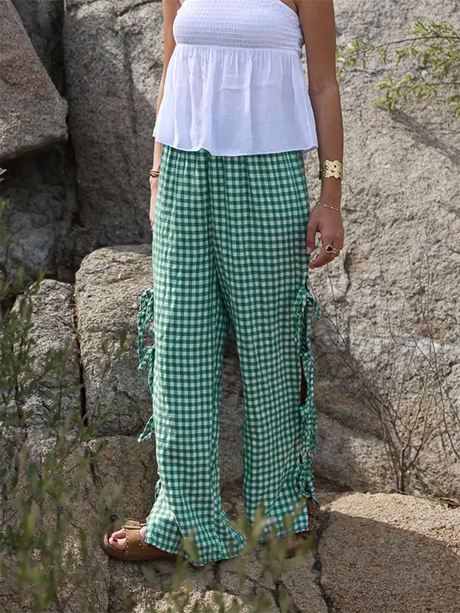 Sunloudy Women Y2K Wide Leg Gingham Pants Elastic High Waist Side Tie Loose Fit Plaid Trouser Lounge Pants