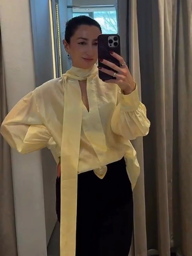 

HH Fashion Woman Commuting Versatile Loose Solid Blouse Tops Women's Spring Long Sleeves Bow Folds Decoration Casual Shirt Mujer