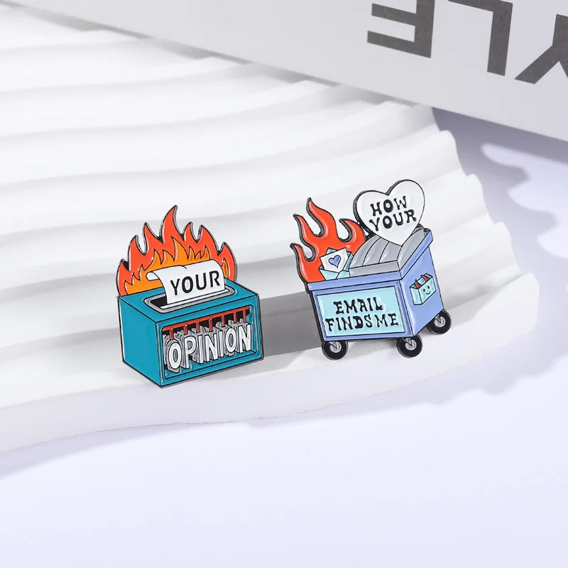 New funny trash can shaped brooch cartoon flame love English quotes alloy badge accessory