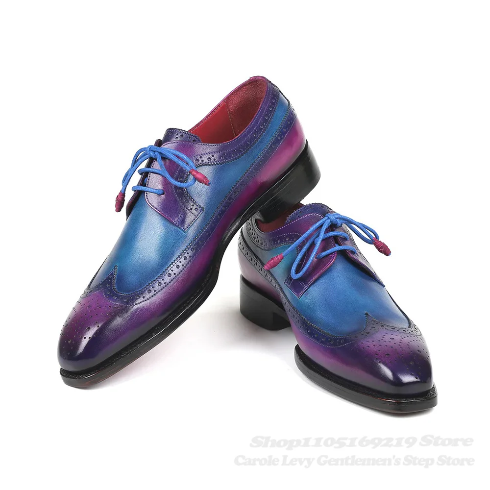 

Purple Blue Patchwork Square Toe Leather Shoes Men Luxury Trendy Lace Up Casual Handmade Derby Shoes Banquet Party Dress Shoes