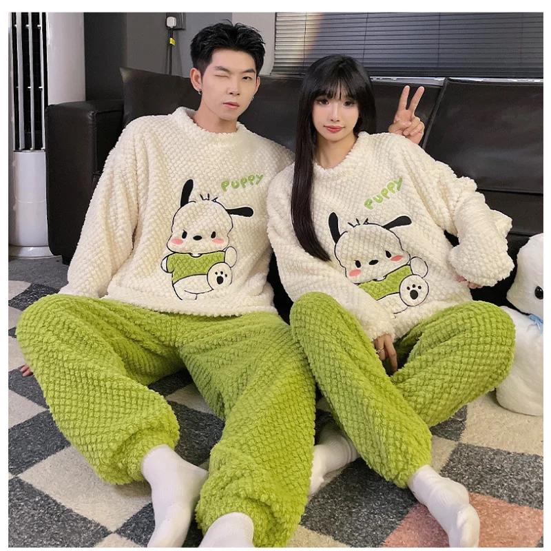 Sanrio Pacha Dog Winter New Couple Pajamas Women\'s Cartoon Warm Coral Fleece Cute Cartoon Men\'s Flannel Homewear Suit