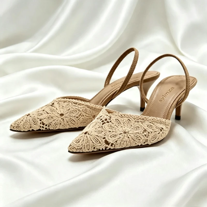 Escarpins Slingback Brodés de Luxe pour Femme – Sandales Stiletto en Faux Daim de Haute Qualité – Chaussures de Créateur Élégantes à Bout Pointu
